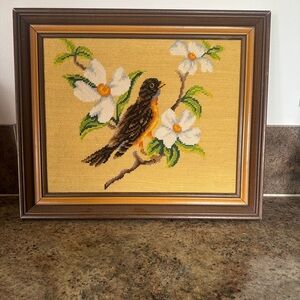 Vintage Embroidered Oriole Bird Stitched Picture White Flowers Framed